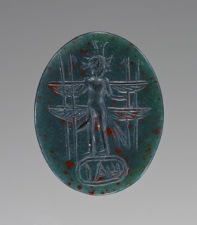One of Ninet, Engraved, Gems, Cameos and Bullae; Roman Empire; 2nd - 4th century; Bloodstone; 1.4 x 1.1 cm, 9,16 x 7,16 in