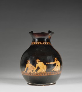 Wine Jug with Knucklebone Players; Group of Boston 10.190; Athens, Greece; 420 B.C; Terracotta; 17.3 cm, 6 13,16 in