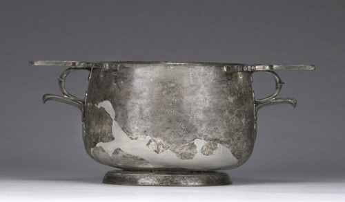 One of Two Skyphoi; Eastern Mediterranean; 100 - 50 B.C; Silver; 8.8 × 20.2 cm, 0.573 kg, 3 7,16 × 7 15,16 in., 1.2632 lb