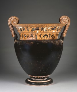 Mixing Vessel with Athletic Activities and Battle Scenes; Attributed to the Leagros Group, Greek, Attic, active 525 - 500 B.C
