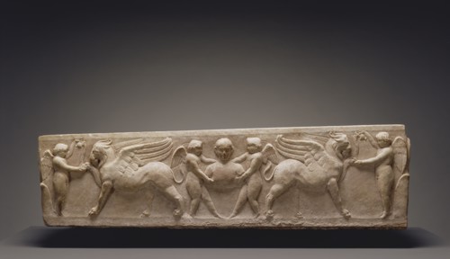 Roman Sarcophagus of a Boy with Erotes Feeding Griffins; Rome, Lazio, Italy; 110 - 130; Marble; 45 x 116 cm