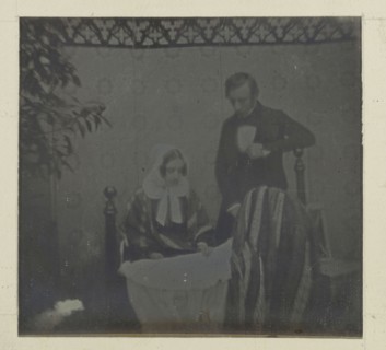 Portrait of M. & Mme. Eynard by a cradle; Jean-Gabriel Eynard, Swiss, 1775 - 1863, about 1843; Daguerreotype