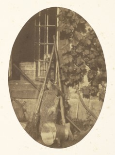 Still life with garden equipment; Comte Olympe Aguado, French, 1827 - 1894, 1855; Salted paper print; 16.5 x 11.4 cm