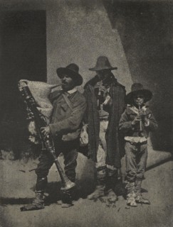 Group of Three Italian Street Musicians in front of 21, Quai Bourbon, Paris; Charles Nègre, French, 1820 - 1880, negative