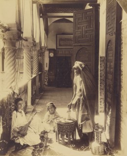 Woman playing sitar with child; French; Algiers, Algeria; about 1870 - 1890; Albumen silver print
