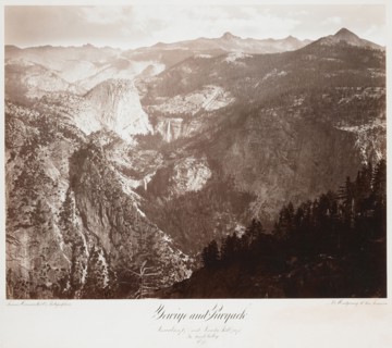 Yowiye and Pwiyack, Vernal, 350 ft., and Nevada Fall, 700 ft., Yo Semite Valley; Thomas Houseworth & Company, Carleton Watkins