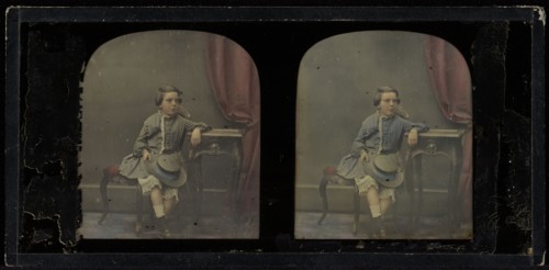 Portrait of a young boy; Antoine Claudet, French, 1797 - 1867, about 1855; Stereograph, daguerreotype, hand-colored