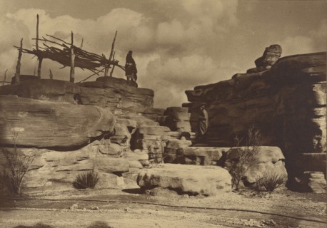 Figure on Rocks with Shelter; Frederick I. Monsen, American, 1865 - 1929, 1887 - 1906; Toned gelatin silver print