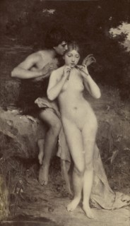 Painting of nude female playing pipes; about 1870 - 1890; Albumen silver print