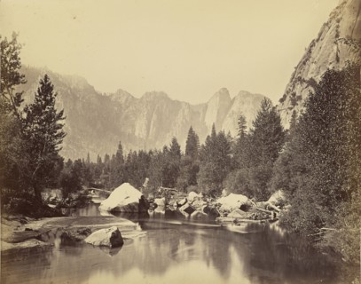 View of the Merced - Cathedral Rocks in Distance; Carleton Watkins, American, 1829 - 1916, 1865 - 1866; Albumen silver print