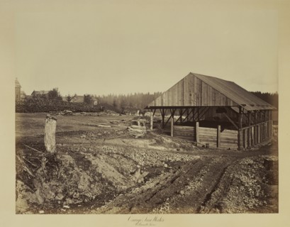 Oswego Ironworks, Willamette River; Carleton Watkins, American, 1829 - 1916, Oregon, United States; 1867; Albumen silver print