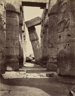 Leaning column, inside the hypostyle hall; Félix Bonfils, French, 1831 - 1885, Thebes, Egypt; 1872; Albumen silver print