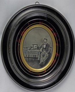 Portrait of a French daguerreotypist from Lyon with his equipment; French; about 1850; Daguerreotype
