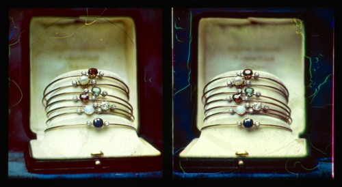 Gold bracelets with various precious gems; Lumière Brothers; about 1898; All-Chroma autochrome; 7.3 x 6.7 cm 2 7,8 x 2 5,8 in