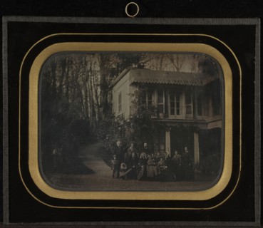Group portrait of twelve members of the Circle of Eynard-Lullin outside in front of his home at Beaulieu; Jean-Gabriel Eynard