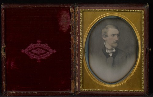 Vignetted Portrait of a Man with a Van Dyke Beard; Brady Gallery, about 1859 - 1862, about 1854; Daguerreotype, hand-colored