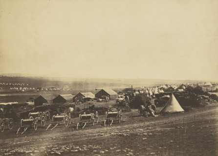 Artillery Wagons, Balaklava in the distance; Roger Fenton, English, 1819 - 1869, 1855; Salted paper print; 24.9 x 34.8 cm