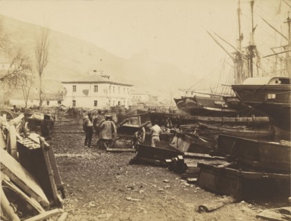 Landing Place, Ordnance Wharf, Balaklava; Roger Fenton, English, 1819 - 1869, 1855; Salted paper print; 27.5 × 36.2 cm