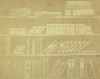 Books on Four Shelves; William Henry Fox Talbot, English, 1800 - 1877, 1842–1843; Salted paper print from a paper negative