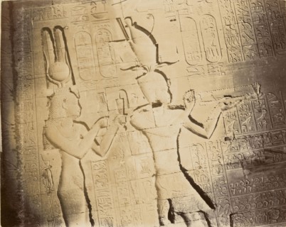 Wall carved with ancient Egyptian deities; Egypt; about 1860 - 1880; Tinted Albumen silver print