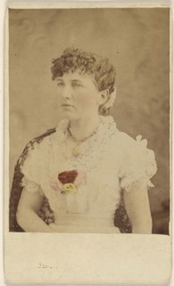 woman wearing flower embellished dress, seated; about 1865; Hand-colored albumen silver print