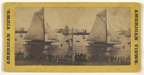 New York City Sailing ship in harbor, people on dock; American; about 1865 - 1875; Albumen silver print