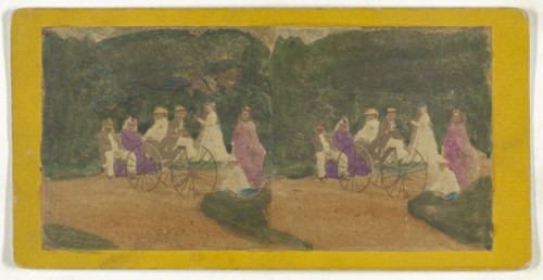 Group of men and women on carriage, possibly in Central Park, New York City; American; about 1863 - 1866; Hand-colored Albumen