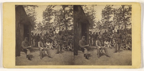 Group of Civil War soldiers at camp site; American; about 1862 - 1864; Albumen silver print