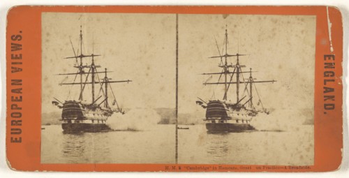H.M.S.  Cambridge  in Hamoaze, Great Gun Practice - A Broadside. European View. England; 1860s; Albumen silver print