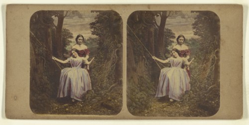 Woman pushing another woman in a swing; Attributed to London Stereoscopic Company, active 1854 - 1890, about 1865; Hand colored