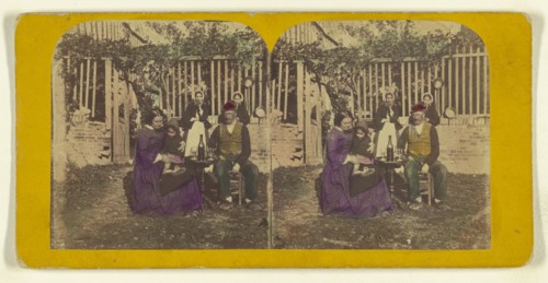 Genre scene: family seated outside aorund a table with glasses and a bottle of wine; London Stereoscopic Company, active 1854