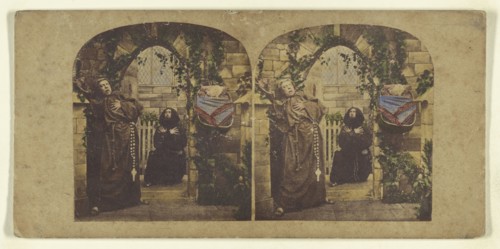 Genre scene: two monks in an archway of a church, both with dramatic faces; Attributed to London Stereoscopic Company