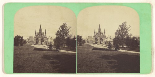 Northern Entrance and New York Harbor. Greenwood Cemetery, New York; American; about 1870; Albumen silver print