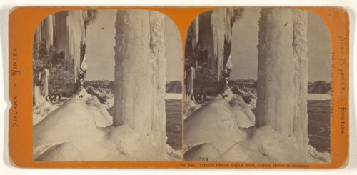 Icicles Under Table Rock, Clifton House in distance; John P. Soule, American, 1827 - 1904, about 1865; Albumen silver print