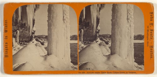 Icicles Under Table Rock, Clifton House in distance; John P. Soule, American, 1827 - 1904, about 1865; Albumen silver print