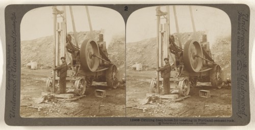 Driling deep holes for blasting in Portland cement rock; Underwood & Underwood, American, 1881 - 1940s, about 1902; Gelatin