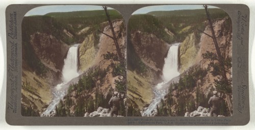 From Pt. Lookout, 1,200 ft. above rive, up canon to Lower Falls, 308 ft., Yellowstone Park, U.S.A; Underwood & Underwood