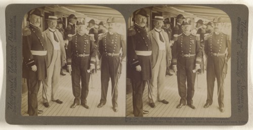 Brig. Gen Grant, Rear Admirals Sigsbee and Coghlan and Commander Winslow, on the Mayflower, Aug. 5, 1905; Underwood & Underwood