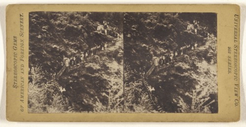 People walking down path of  glen; Universal Stereoscopic View Company; about 1880; Collotype