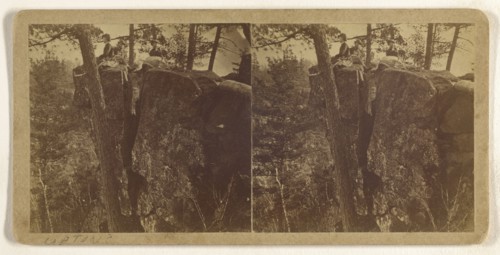 People sitting on large rocks in woods; Attributed to B. F. Upton, American, born 1818, active Minneapolis and St. Anthony
