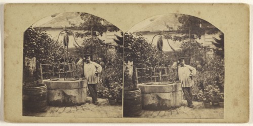 Man wearing cap standing in garden near a well; Henry Van Der Helle, French, active 1870s, about 1877; Albumen silver print