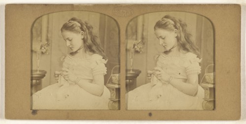 Little girl sewing; F. Grau, G.A.F., French, active 1850s - 1860s, 1855 - 1865; Hand-colored Albumen silver print