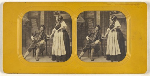Genre scene: man being served a beer by a woman, the man is reaching in his pocket for money; Charles Gaudin, Ch. G., French