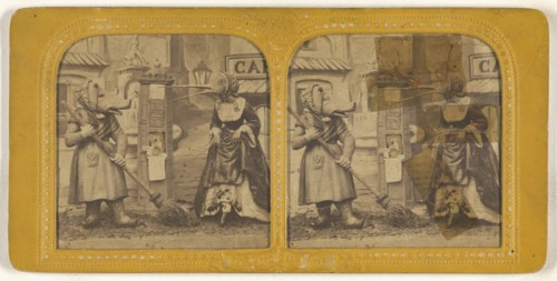 Scene from a play: woman dressed as a pig sweeping with another woman dressed as a bird; Adolphe Block, French, 1829