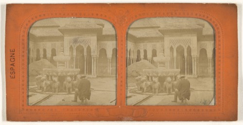 Man seated in front of fountain in the Court of Lions, The Alhambra, Spain; E. Lamy, French, active 1860s - 1870s, 1860s