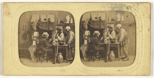 Genre scene: people in discussion around table, one woman with bonnet, gun leaning against table; E. Lamy, French, active 1860s