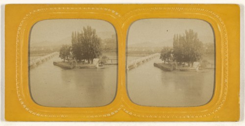 River scene with island, bridge to left, at Geneva; E. Lamy, French, active 1860s - 1870s, 1860s; Hand-colored Albumen silver