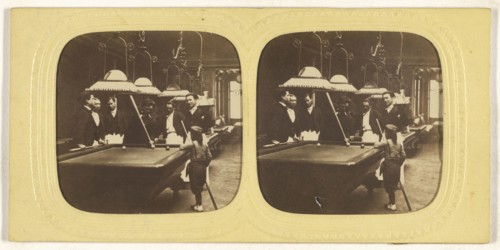 Men playing billards, one little boy holding a cue stick; E. Lamy, French, active 1860s - 1870s, about 1868; Hand-colored