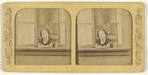 Little girl leaning out of an open window, arms crossed; Léon & Lévy, French, 1855 - 1865; Hand-colored Albumen silver print