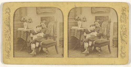 Groupes de Genre little boy and girl cuddling on a chair; Léon & Lévy, French, 1855 - 1865; Hand-colored Albumen silver print